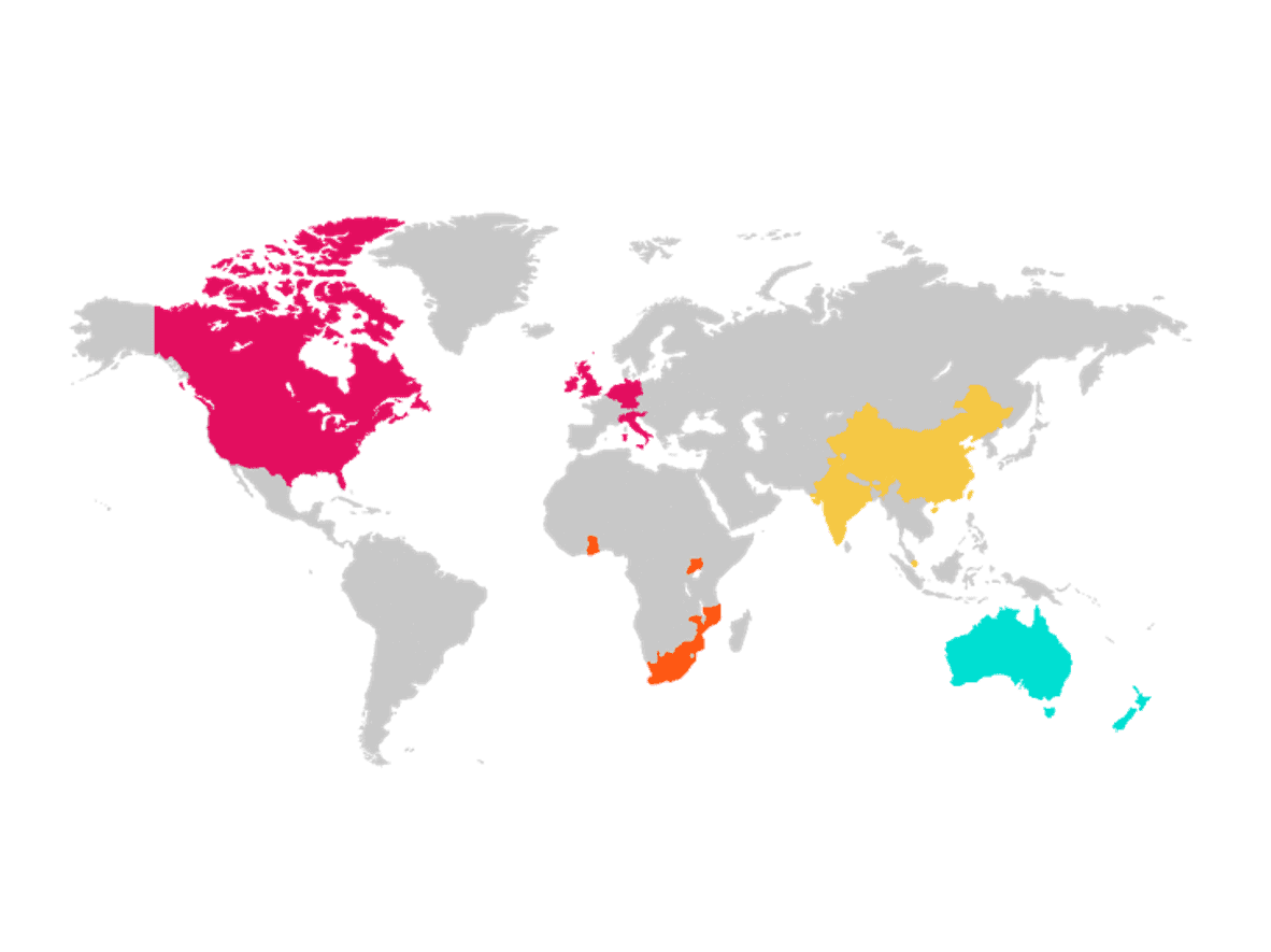 A world map with countries being highlighted that The CFO Centre operates in.