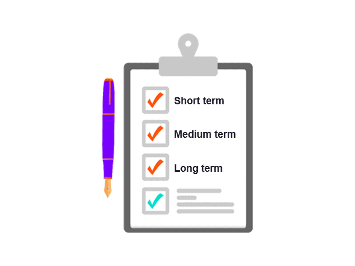 A work plan with a pen icon showing different goals being ticked.