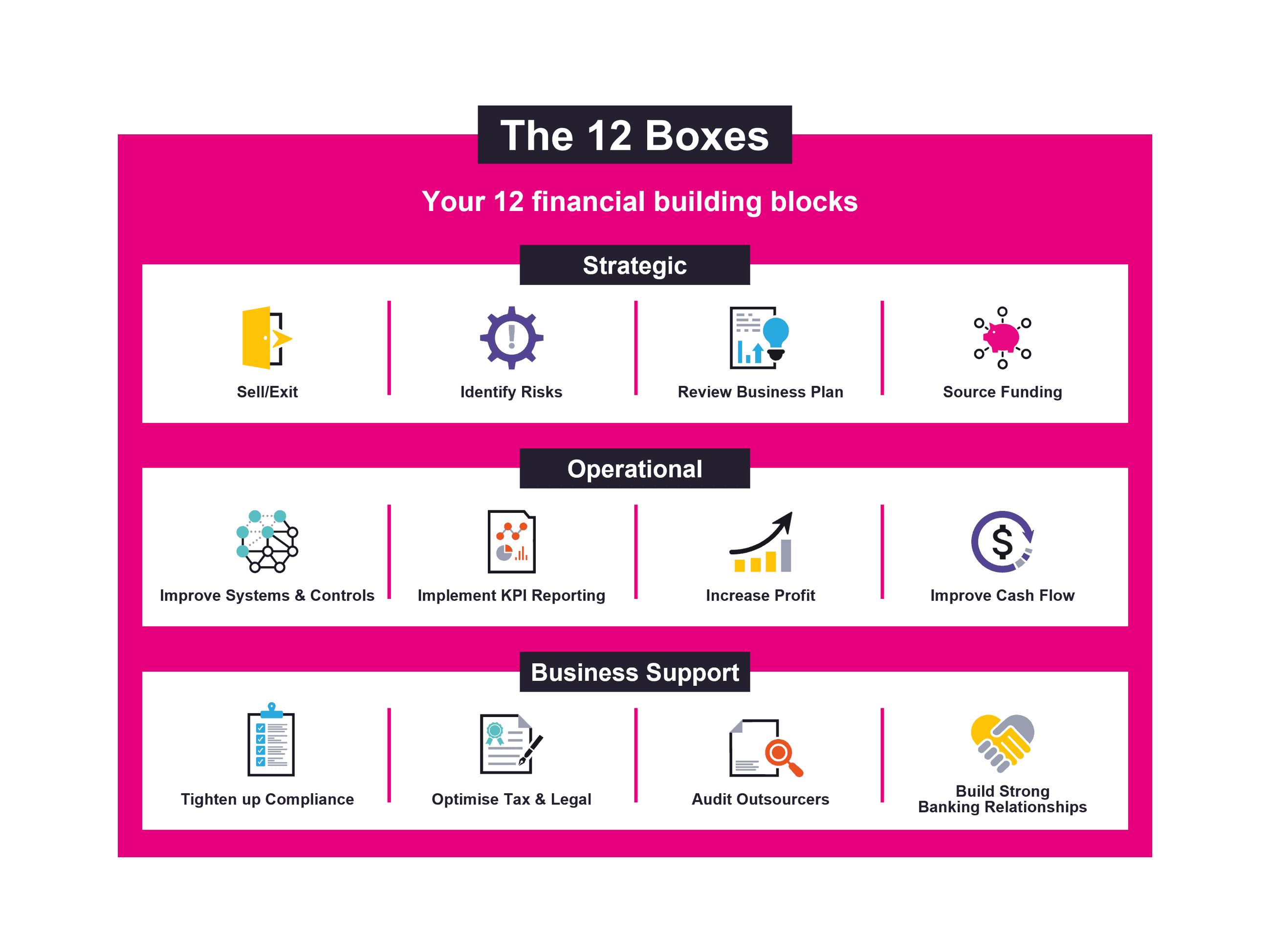 the cfo centre infographic, displaying the 12 areas of businesses they work to improve