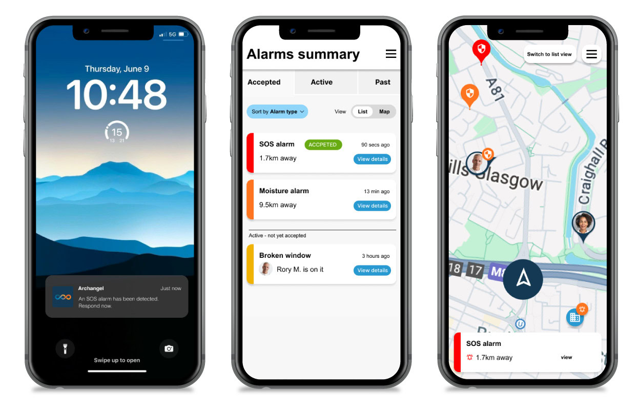 Three Apple iPhones displaying different features of the Archangel Assisted Living smartphone application.